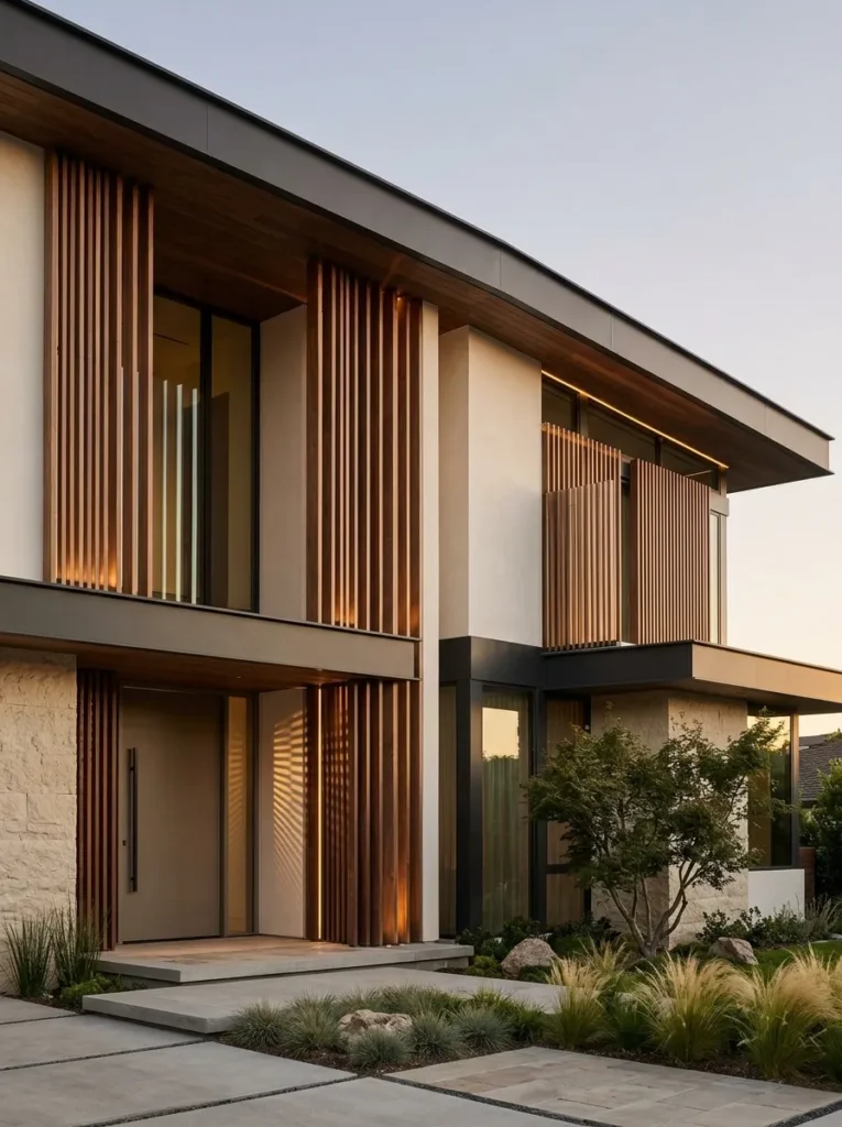 Vertical wood fins and screens Vertical wood fins and screens